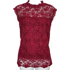 Nanette Lapore Women's Red Lace Cap Sleeve Illusion Mock Neck Top Shirt sz Large